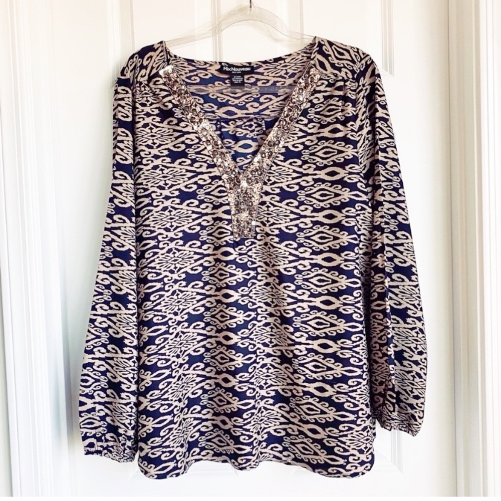 Sequin Beads Long Sleeve Ikat Sparkle Top Size XL